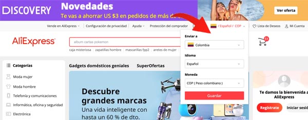 Selecciona ubicación,lenguaje y moneda en Aliexpress para comprar desde Colombia