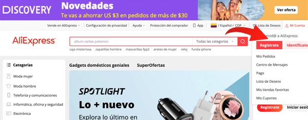 Regístrate para comprar en Aliexpress desde Colombia