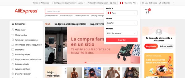 Selecciona ubicación, lenguaje y moneda en AliExpress para comprar desde Perú