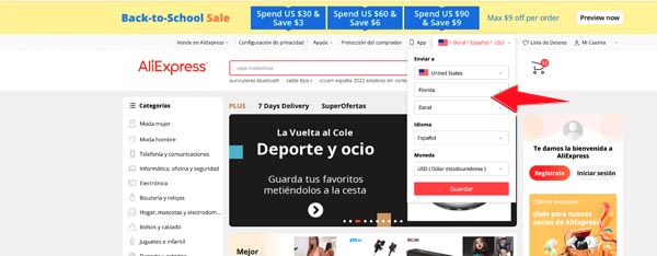 Selecciona ubicación, lenguaje y moneda en AliExpress para comprar desde Venezuela